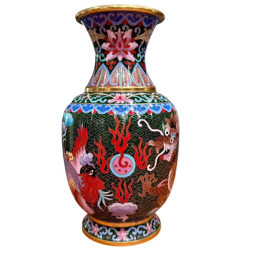 Antique Chinese cloisonné vase, dragon, late 19th century enameled,lotus flower